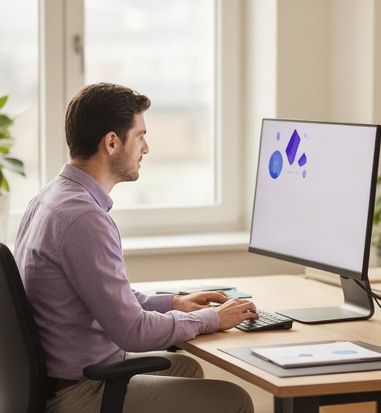 SEO-Beraterin analysiert Suchdaten an einem Bildschirm in einem hellen Gießener Büro